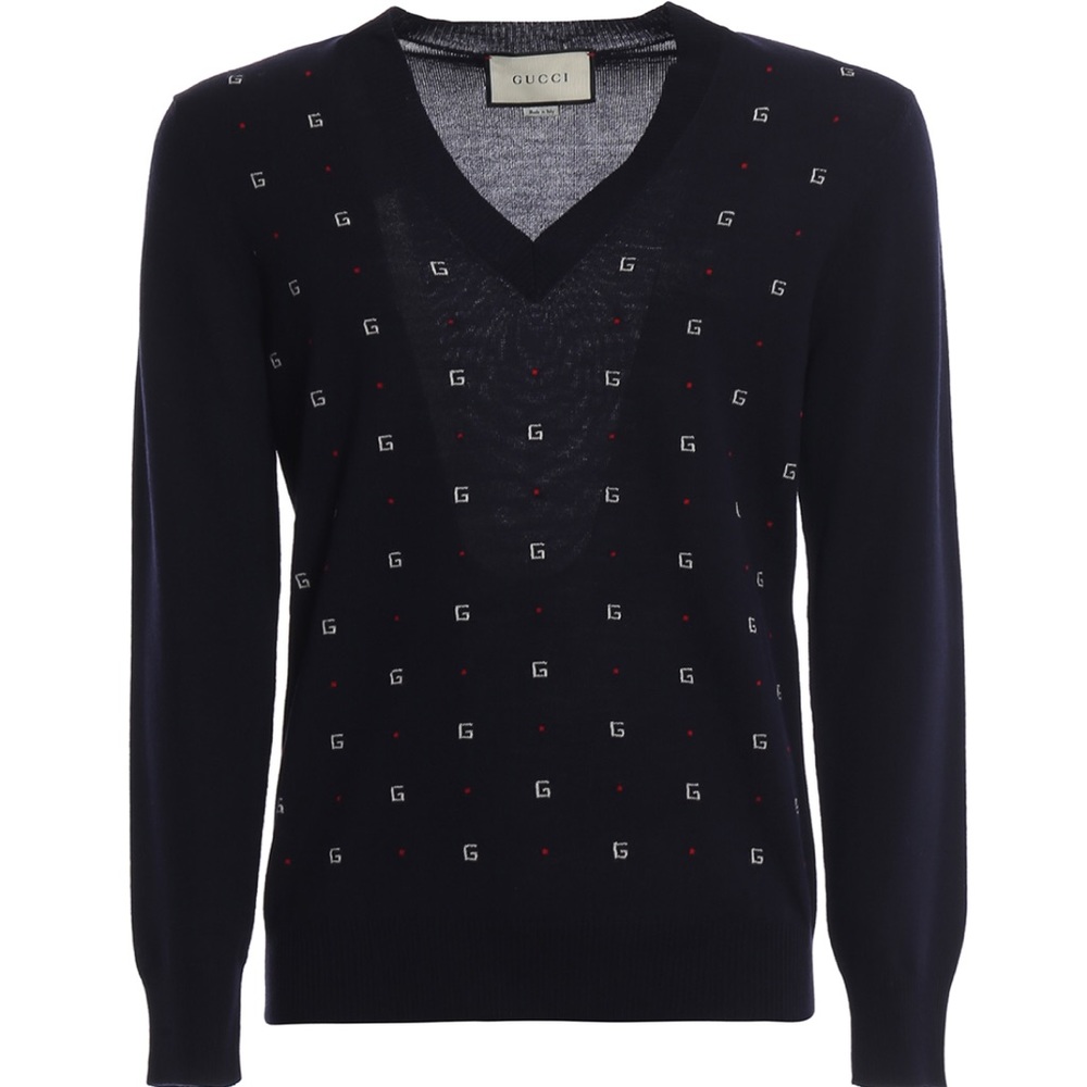 new GUCCI V-Neck Knit Sweater In Navy Blue Wool XXL